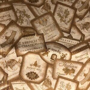 🛒 $24 - Quilt Cotton Fabric Material - 3 yards Wine Label Print #126